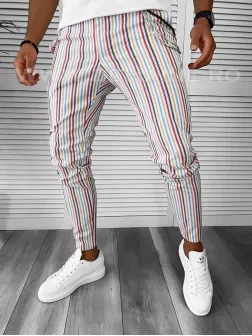 Pantaloni barbati casual regular fit albi cu dungi B7845 N3-5.1 / 66-5 E~